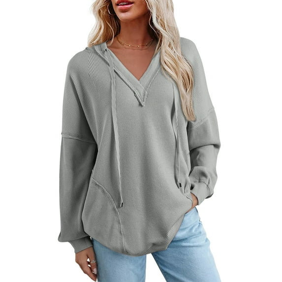 Sidefeel Womens Hoodies Long Sleeve Drawstring Waffle Pullover Tops Loose Fit Hooded Sweatshirt with Pocket Gray L US12-14