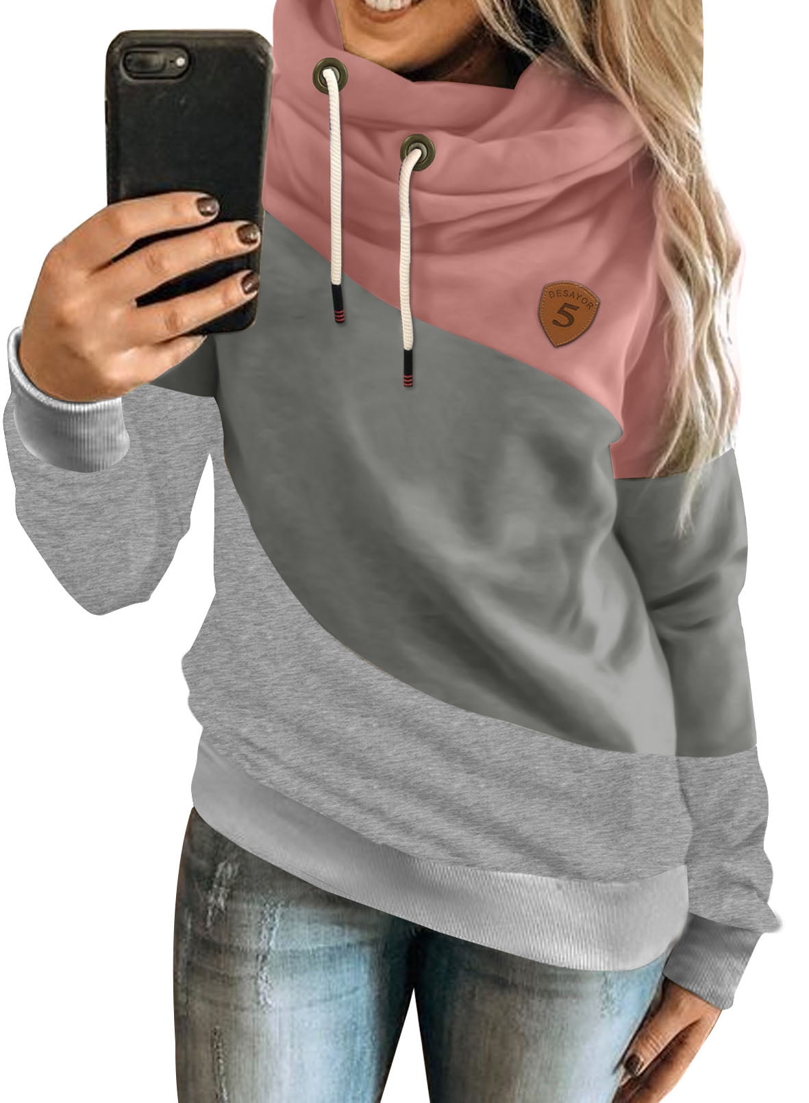 Women Crew Neck Long Sleeve Pullover Top Solid Color Hem Ripped