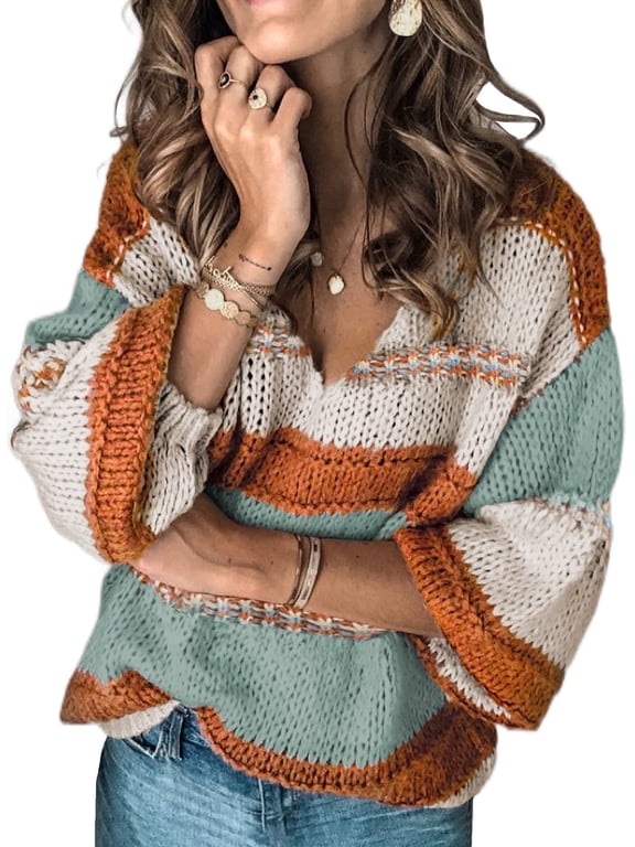 Womens Stripe Color Block Knitwear Sweater Winter Loose Slouchy Pullover Jumper Tops L 12-14