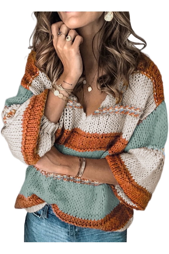 Womens Stripe Color Block Knitwear Sweater Winter Loose Slouchy Pullover Jumper Tops L 12-14