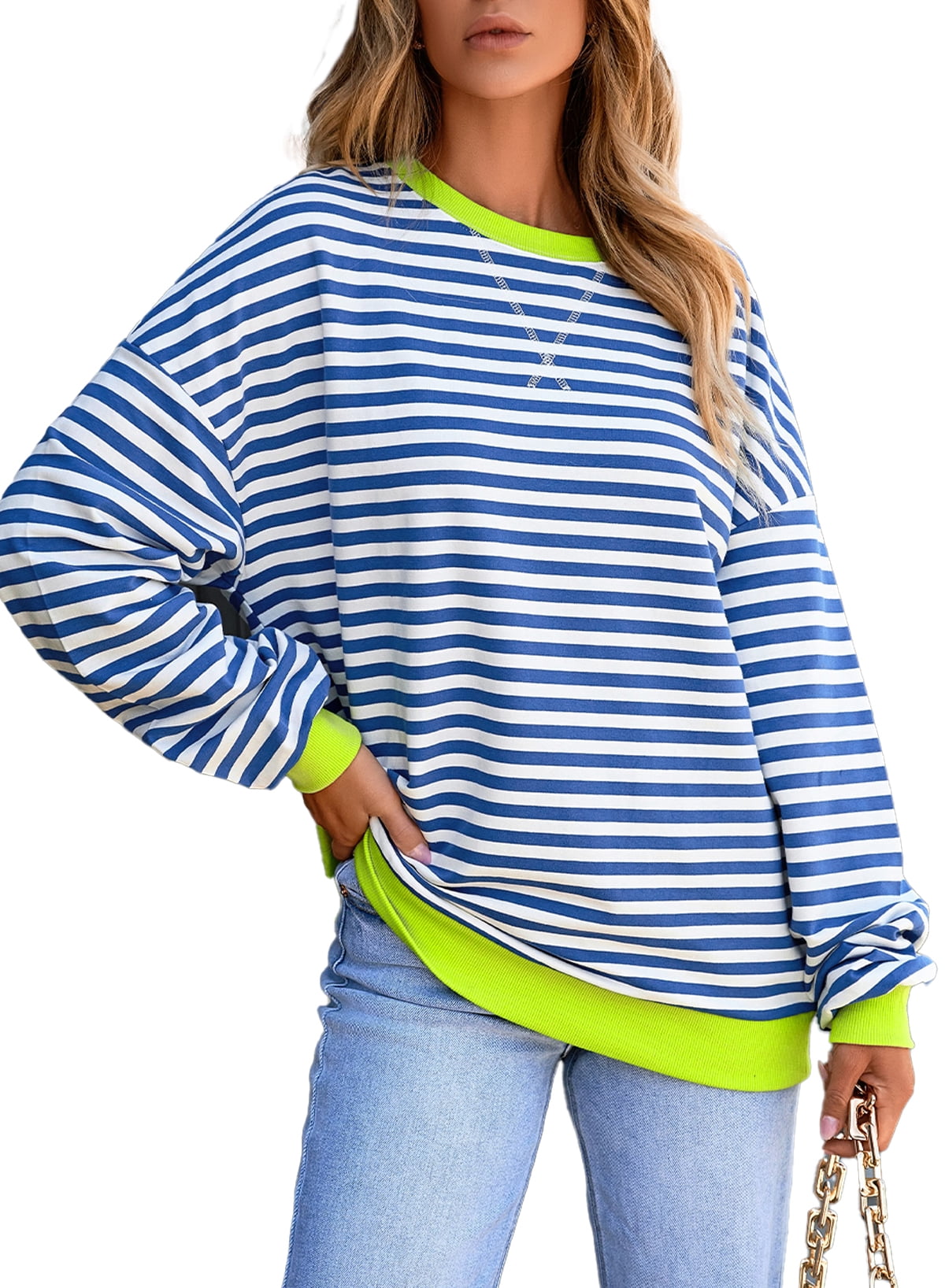 Women's Blue Rainbow Stripe Long Sleeve Crew Neck Sweatshirt - Cozy Casual Top for Everyday Wear