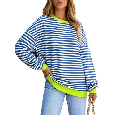 DOKOTOO Womens Sweatshirts Crewneck Long Sleeve Oversized Pullover Sweatshirt Colorblock Striped Tunic Tops Sky Blue Striped XL US16-18