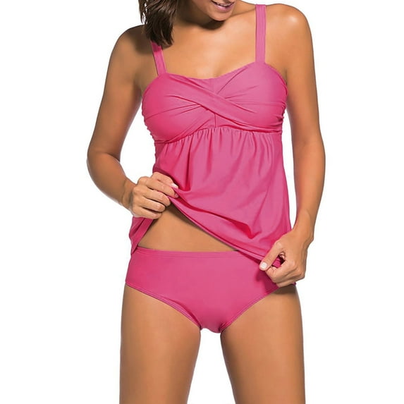 Sidefeel Womens Tankini Bathing Suits Plus Tankini Swimsuits 2PCS Solid Push-up Padded Tummy Control Swimwear Rose 2XL 18-20