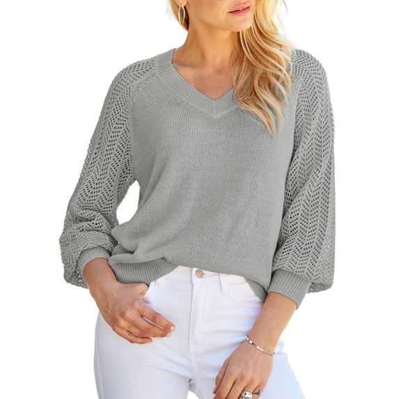 Sidefeel Womens V-Neck Sweaters Solid Color Knitted Pullover Tops Hollow Out Cable Knit Jumper Tops