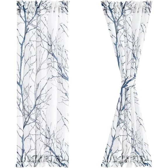 Sidelight Sheer French Door Curtains, White Blue and Grey Print Branch Semi-Sheer Door Panels, 2 Panels Set