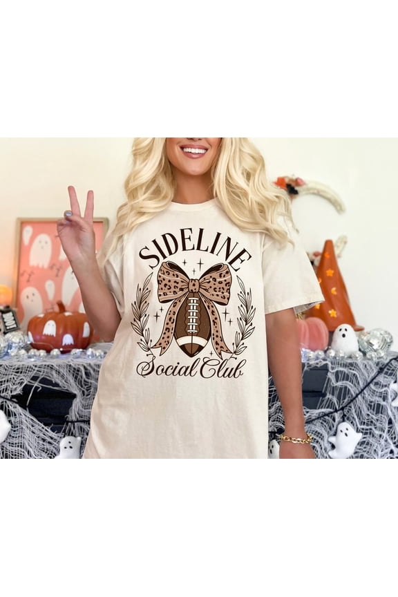 Sideline Social Club Football Shirt Coquette Bow Game Day Graphic Leopard Ribbon Football Season Spirit Comfort Colors Unisex Cotton T-Shirt, Size S-3XL