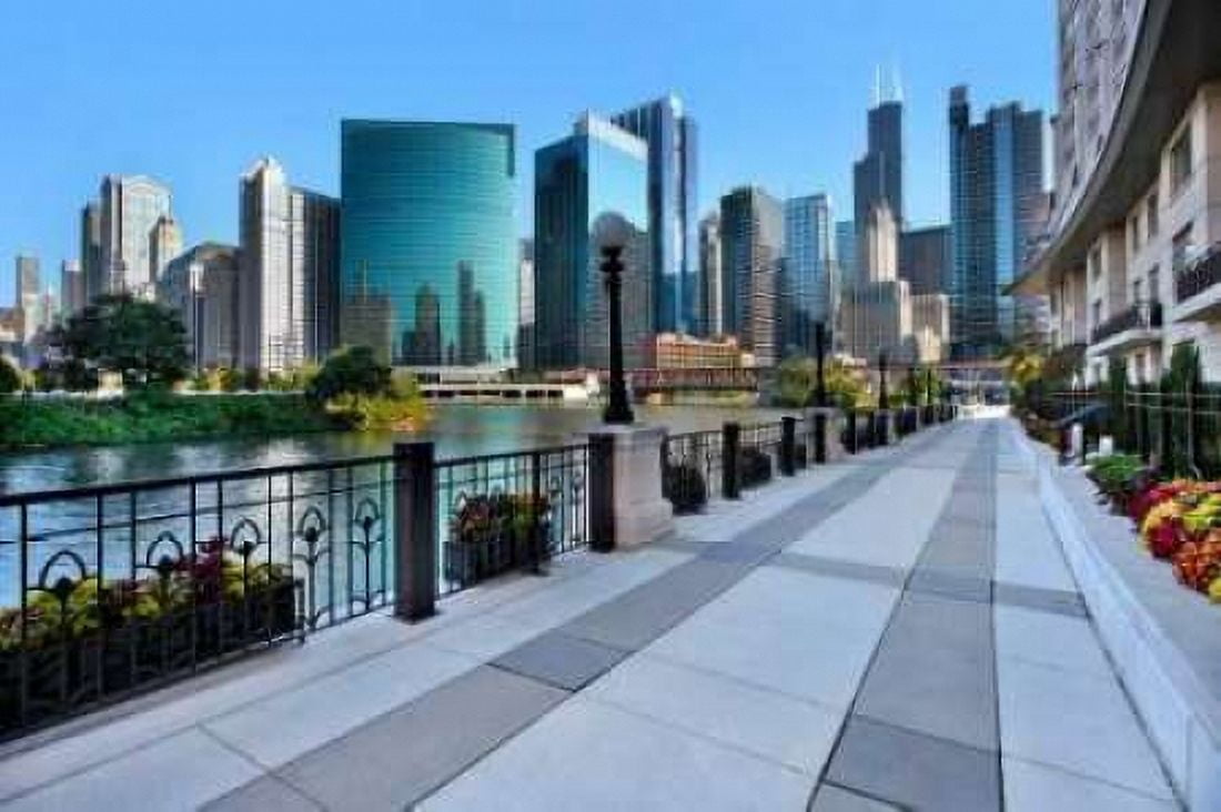 Sidewalk Skyline River Canvas Art - Larry Malvin (12 x 18)