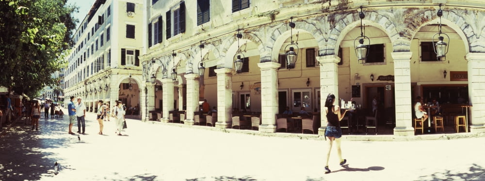 Sidewalk cafe in a city Corfu Ionian Islands Greece Canvas Art - Panoramic Images (36 x 12)