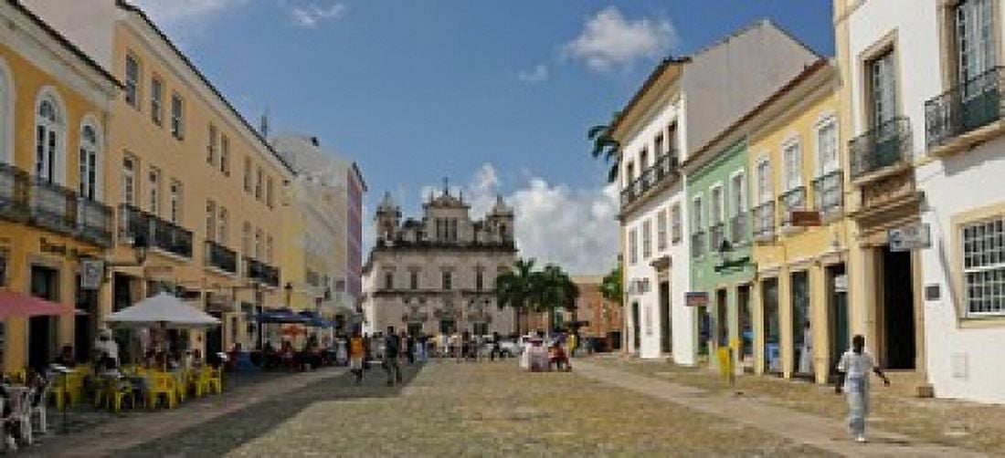 Sidewalk cafes on a street in Pelourinho Salvador Bahia Brazil Canvas Art - Panoramic Images (15 x 7)