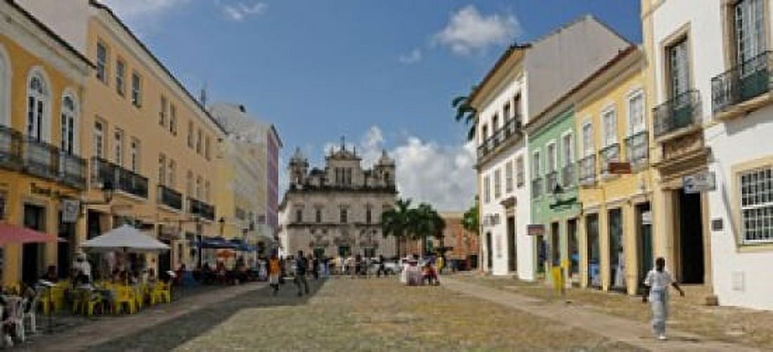 Sidewalk cafes on a street in Pelourinho Salvador Bahia Brazil Canvas Art - Panoramic Images (30 x 14)