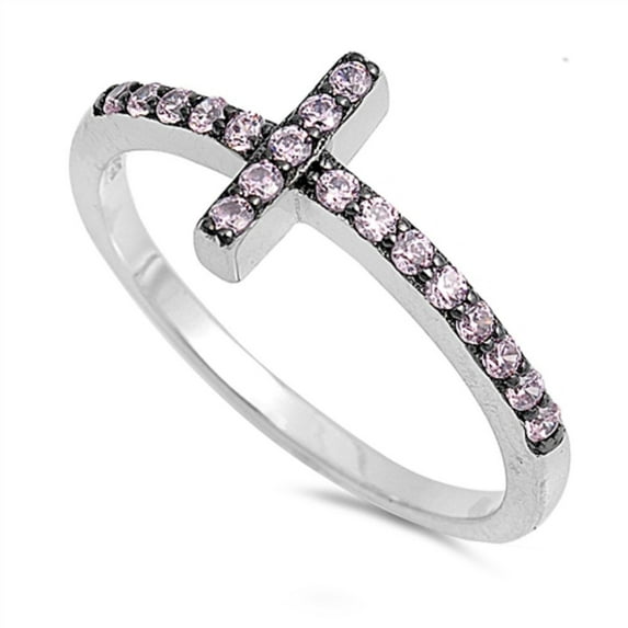 Sideway Cross Pink Cubic Zirconia Ring Sterling Silver 925