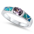 thumbnail image 1 of Sideway Oval Blue Simulated Opal Simulated Amethyst Cubic Zirconia Ring Sterling Silver Size 10, 1 of 3