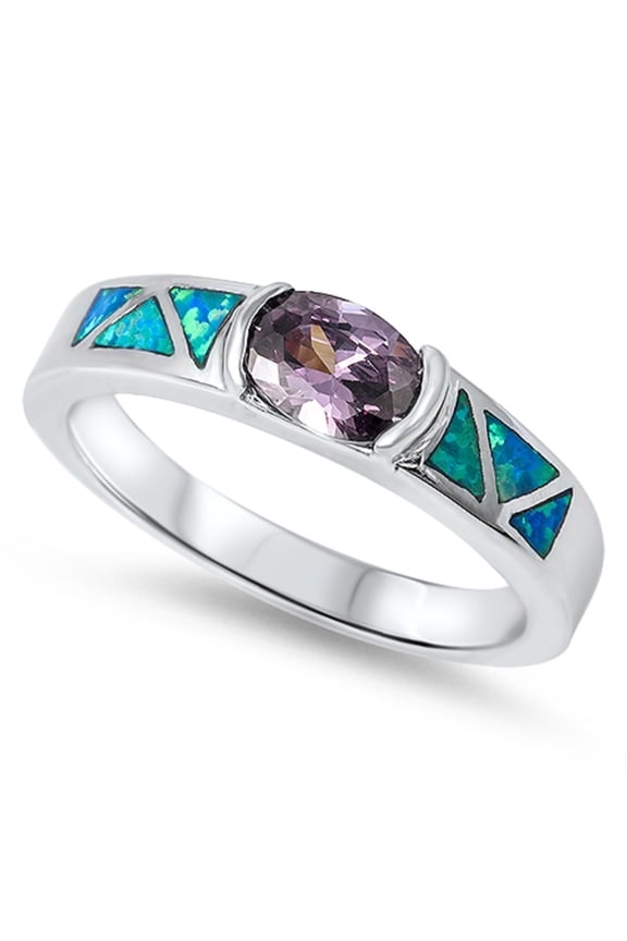 Sideway Oval Blue Simulated Opal Simulated Amethyst Cubic Zirconia Ring Sterling Silver Size 9