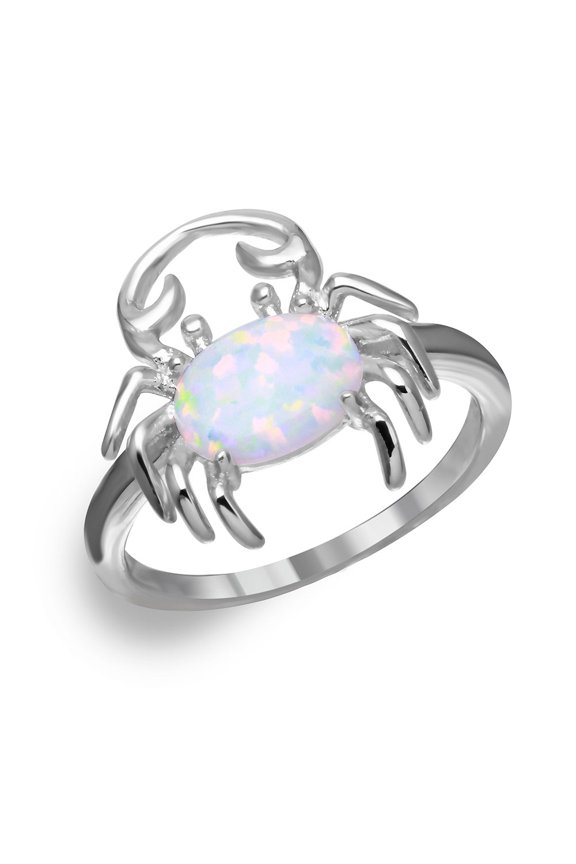 Sideway Oval White Simulated Opal Crab Ring Rhodium Plated Sterling Silver Size 6