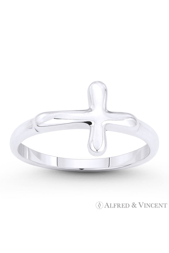 Sideways 12x9mm Latin Cross Charm Right-Hand Ring in Solid .925 Sterling Silver