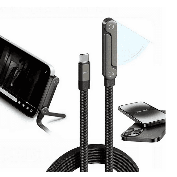 Sideways 2-in-1 Charger Cable with Phone Stand – 240W Fast Charging, Invisible Holder Design for Smartphones & Tablets on the Go (240W TypeC-TypeC )