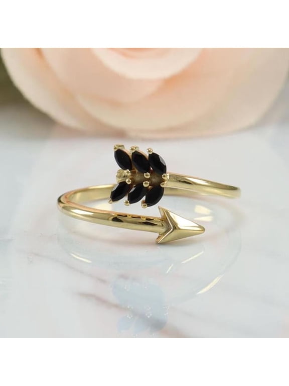 Sideways Arrow Black Onyx Marquise Cut Ring, 14K Gold Plated 925 Sterling Silver Bypass Wrap Adjustable Ring, Minimalist Unique Jewelry Gift