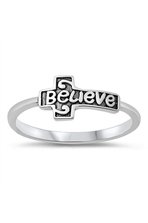 Sideways Believe Script Cross Ring .925 Sterling Silver Band Jewelry Female Male Unisex Size 10