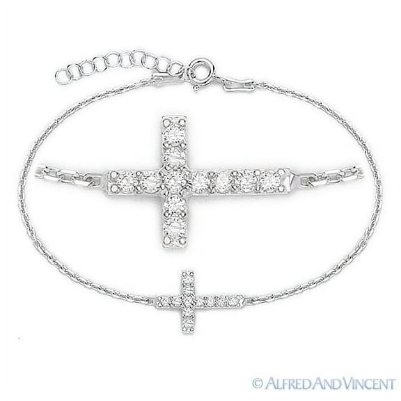 Sideways Cross CZ Crystal Bracelet in .925 Sterling Silver