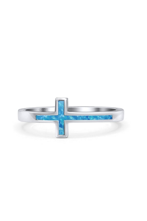 Sideways Cross Petite Dainty Ring Lab Created Blue Opal 925 Sterling Silver Size 5