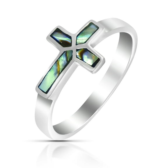 Sideways Cross Rainbow Abalone Shell Sterling Silver Ring for Female Adult-8