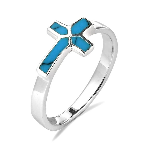 Sideways Cross Turquoise Inlay Sterling Silver Ring-8