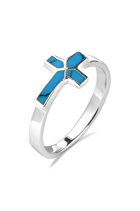 Sideways Cross Turquoise Inlay Sterling Silver Ring-8