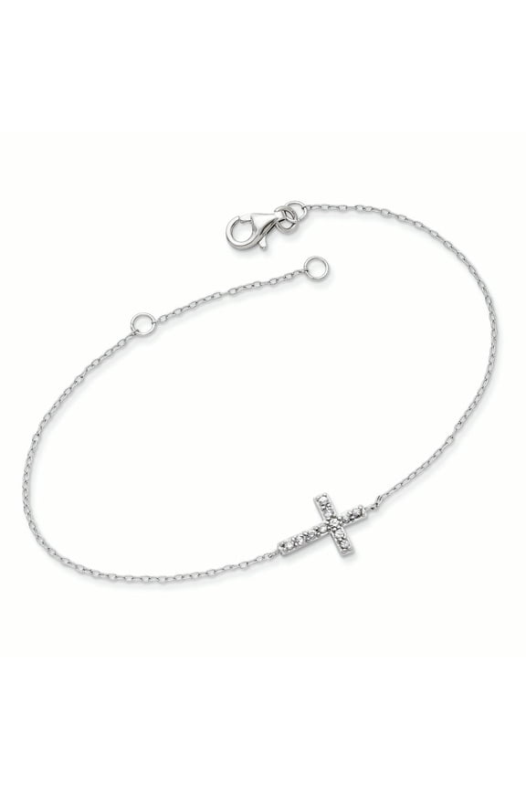 Sideways Crosses Sterling Silver Rhodium-plated CZ Sideways Cross w/1in Ext Bracelet