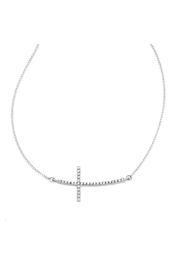 Sideways Crosses Sterling Silver Rhodium-plated CZ Sideways Cross w/2in Ext Necklace