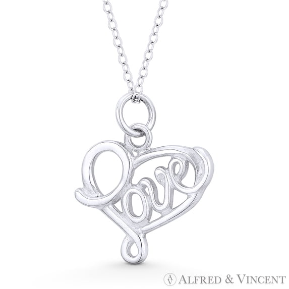 Sideways Cursive Love Script & Heart Charm Pendant & Chain Necklace in .925 Sterling Silver