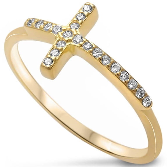 Sideways Eternity Cross Ring Yellow Tone CZ 925 Sterling Silver Size 9