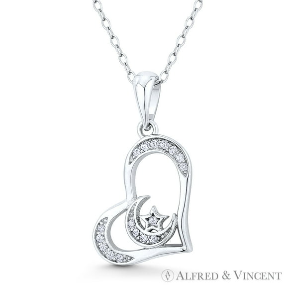 Sideways Heart, Moon, & Star Charm CZ Crystal Pave Pendant & Chain Necklace in .925 Sterling Silver w/ Rhodium