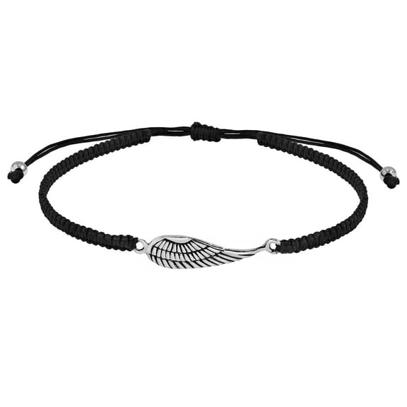 Sideways Heaven's Black Angel Wing Sterling Silver Charm on Black Adjustable Bracelet for Female Adult and Teens