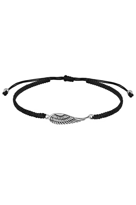 Sideways Heaven's Black Angel Wing Sterling Silver Charm on Black Adjustable Bracelet for Female Adult and Teens