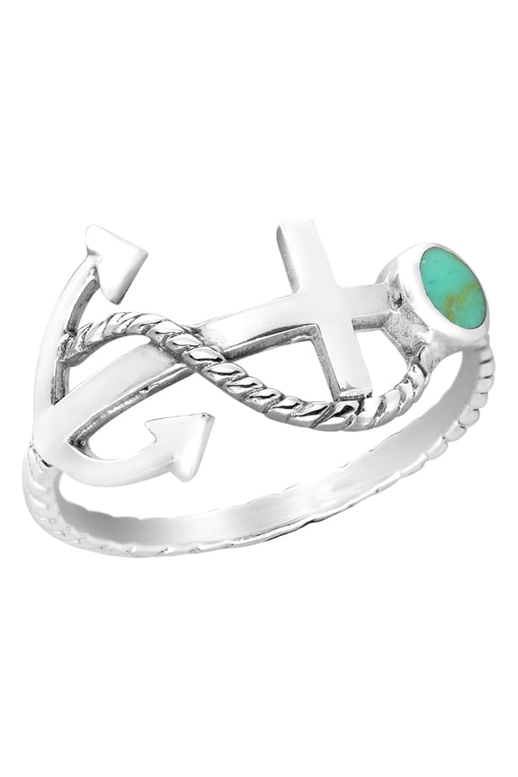 Sideways Nautical Rope Anchor Green Turquoise Sterling Silver Ring-6