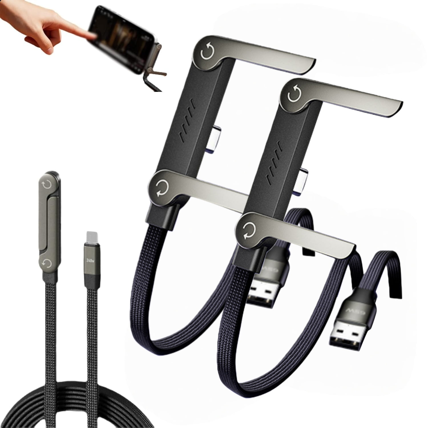 Sideways Phone Charger, 2-in-1 Invisible Holder Charger Cable – Fast Charging Cord with Built-in Phone Stand, 240w Braided Fast Charge Cable, for Smartphones Tablets(65W A-C 2pc)