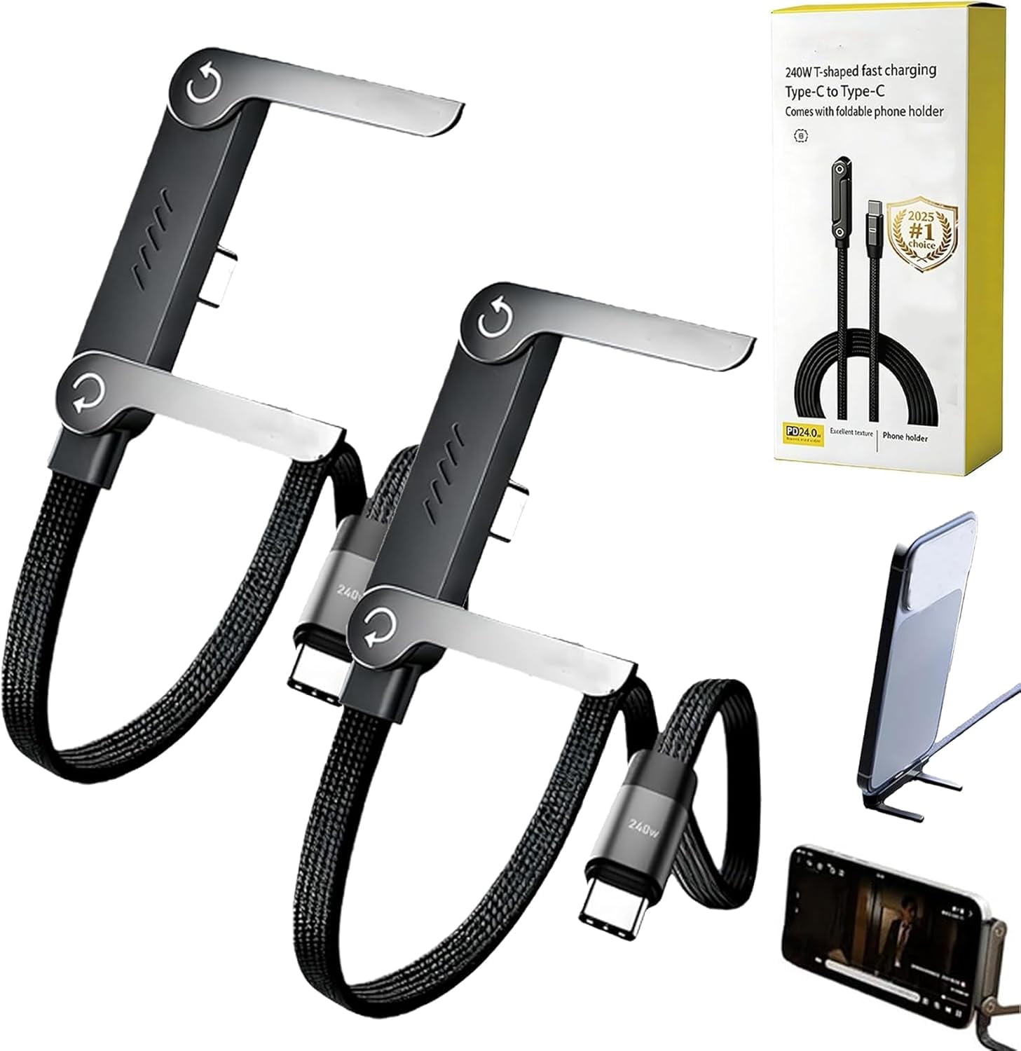 Sideways Phone Charger, 2-in-1 Invisible Stand Charging Cable with 240W Fast Charging, Built-in Phone Holder & Braided Cable for Smartphones Tablets