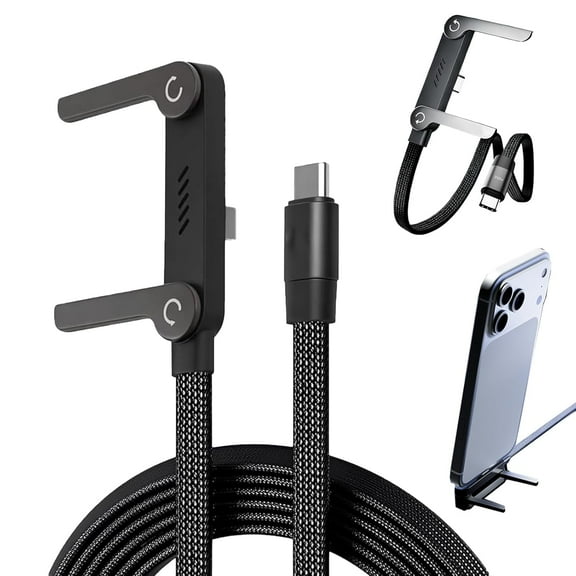 Sideways Phone Charger, 240w Braided Fast Charge Cable with Built-in Phone Stand, 2-in-1 Invisible Holder Charger Cable, Side Charger Type C, Built-in Phone Support Fast Charging Cord