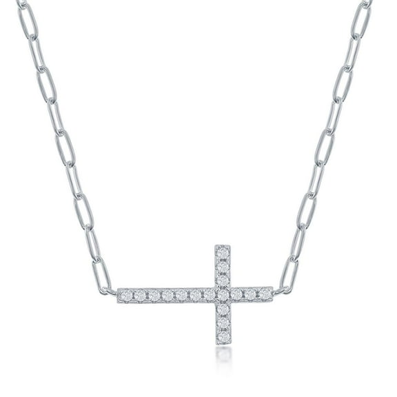Sideways Reversible Cross with Paperclip Link Design Chain and Simulated Diamond CZ 16+2” Necklace | Sterling Silver Religious Jewelry for First Communion (20mm), or Confirmation