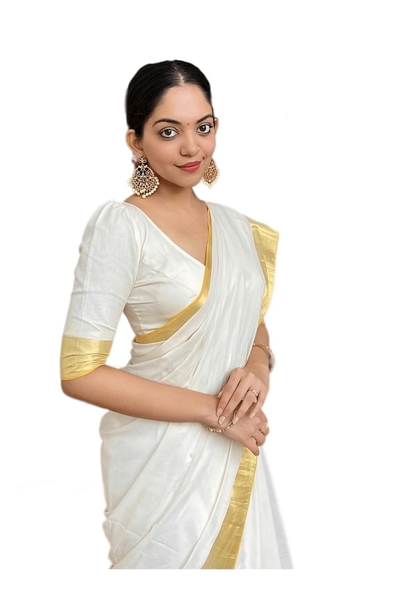 Women's Chandaria Cotton Saree with Unstitched Blouse Piece (Golden White Free Size)
