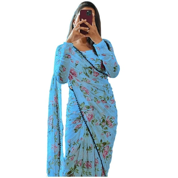Sidhidata Women's Georgette Digital Printed Ready To Wear one Minute Saree With Unstitched Blouse Piece (X Sky Blue)