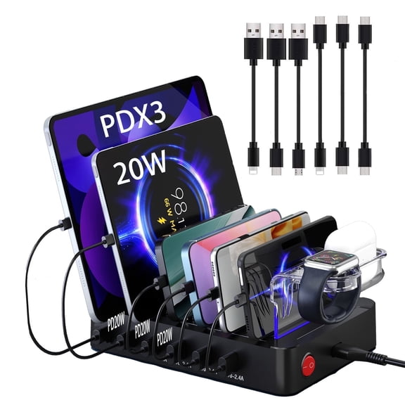 Sidiyang USB Charging Station 6 Ports Multi Device Dock Desk Organizer Charge Station for Phone/Tablets/Smartphones (Included 6 Cables)