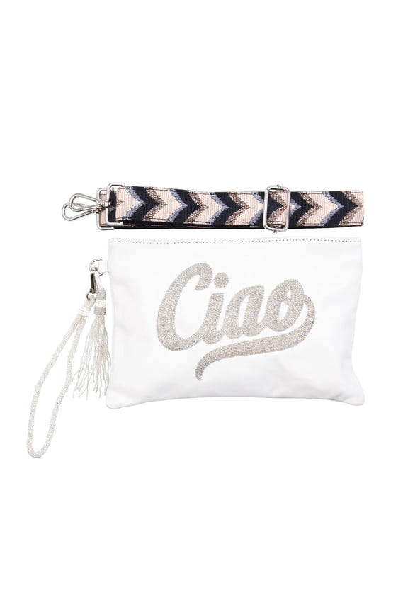 Leather Bag With "Ciao" Beading, Light Grey
