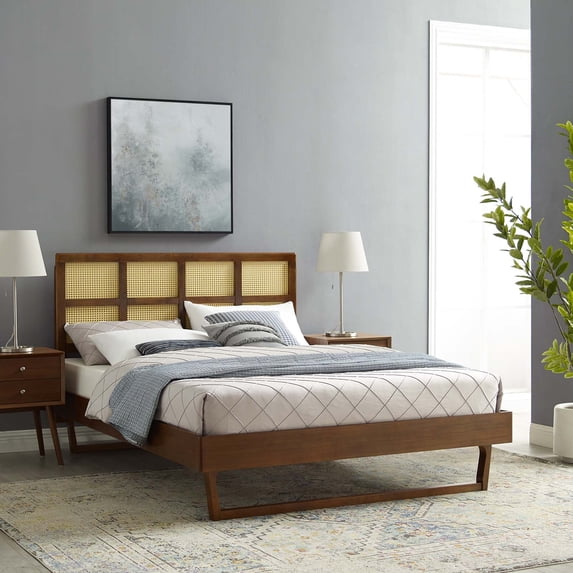Modway Sidney Cane and Wood Full Platform Bed With Angular Legs, Multiple Colors
