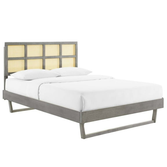 Sidney Cane and Wood Queen Platform Bed With Angular Legs Gray