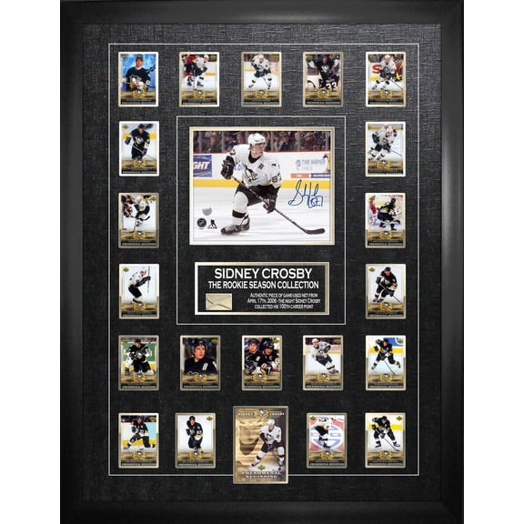 Sidney Crosby Pittsburgh Penguins Signed Framed 8x10 Action Photo with Rookie Season Trading Hockey Card Set And Piece of Net Officially Licensed NHL/NHLPA by Frameworth Sports Marketing