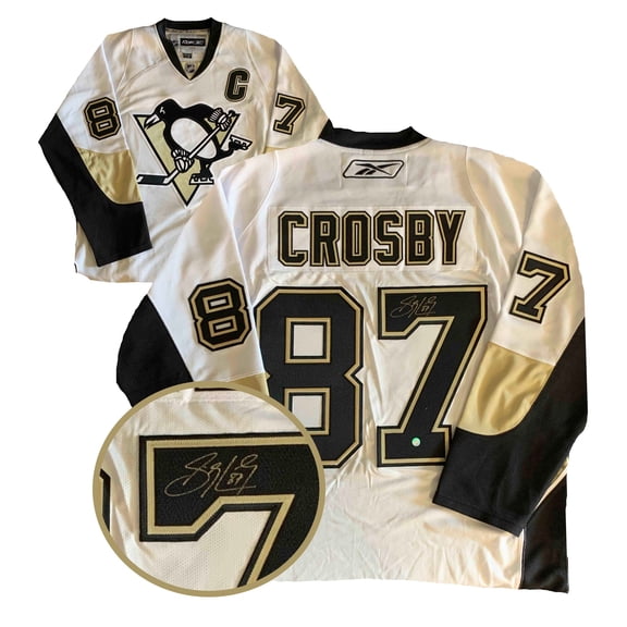 Sidney Crosby Signed Pittsburgh Penguins 2007-2011 White and Vegas Gold Replica Reebok Jersey Officially Licensed NHL/NHLPA Authentic Hand-Signed Autograph by Frameworth Sports Marketing