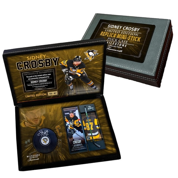 Sidney Crosby Signed Puck in Deluxe Case with Mini Replica Stick (Limited Edition of 87) Pittsburgh Penguins Officially Licensed NHL/NHLPA by Frameworth Sports Marketing Premium Sports Memorabilia