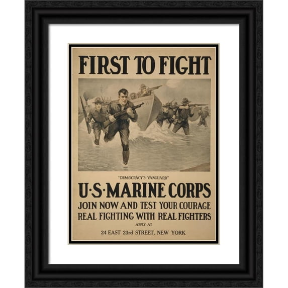 Sidney Riesenberg 12x14 Black Ornate Wood Framed Double Matted Museum Art Print Titled: First to Fight - ‘Democracy's Vanguard’ U.S. Marine Corps - Join Now and Test Your Courage - Real Figh