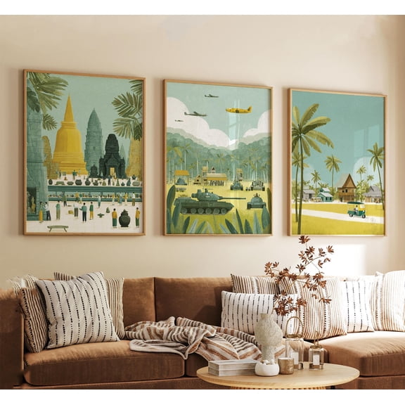 Siem Reap Cambodia Poster Vintage Travel Illustration Retro Temple Landscape Wall Art Prints Set 3, Poster Only